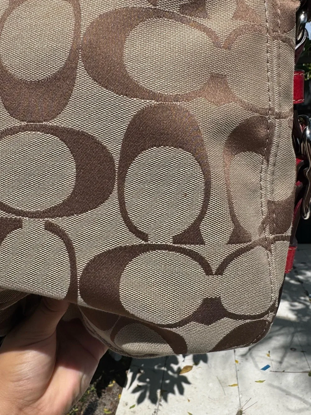 Coach Zoe Signature Canvas Hobo with Red Leather Trim